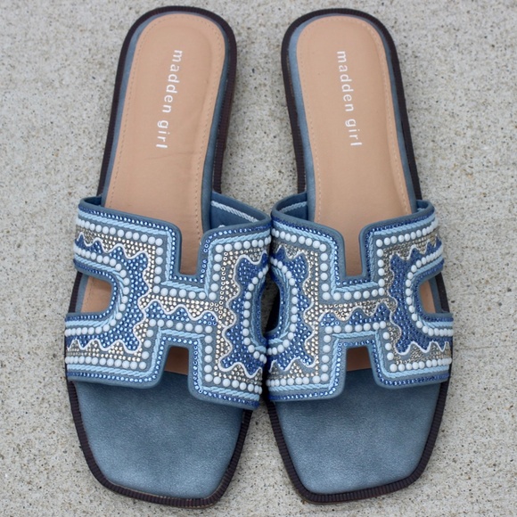 Madden Girl Blue Rhinestone Beaded Sparkle Slide Sandals Sz 9 - Picture 1 of 8